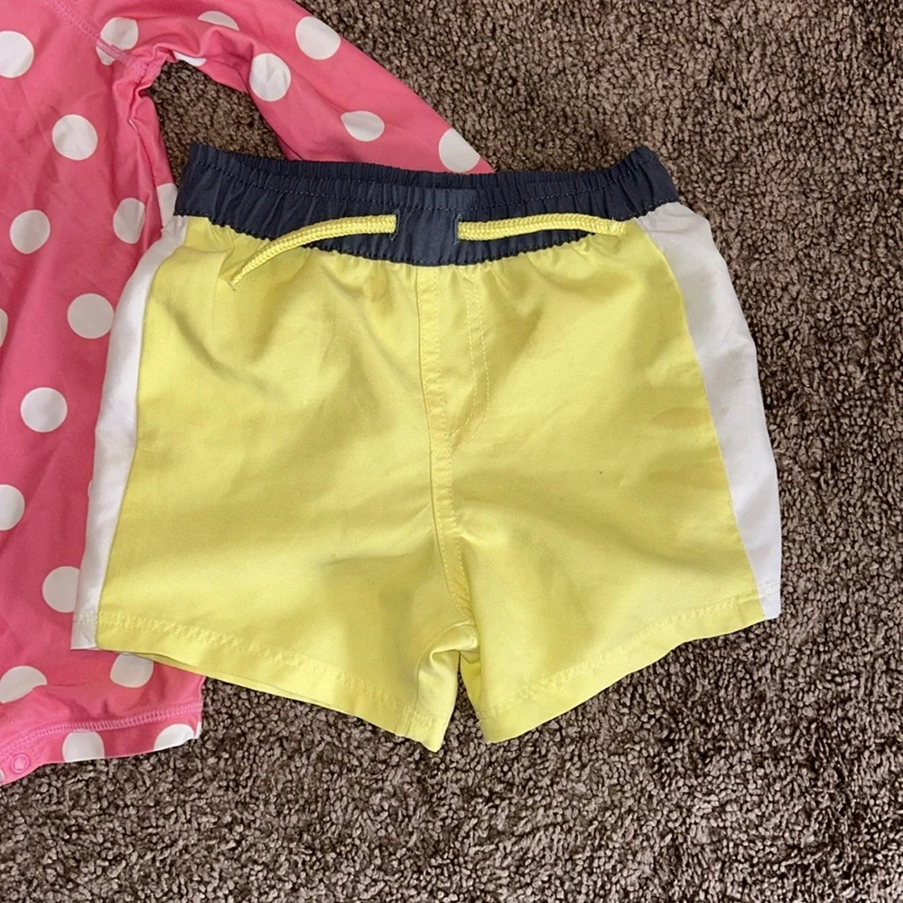 Pink polka dot one piece and yellow swim trunks 12/18m coordinating twin set